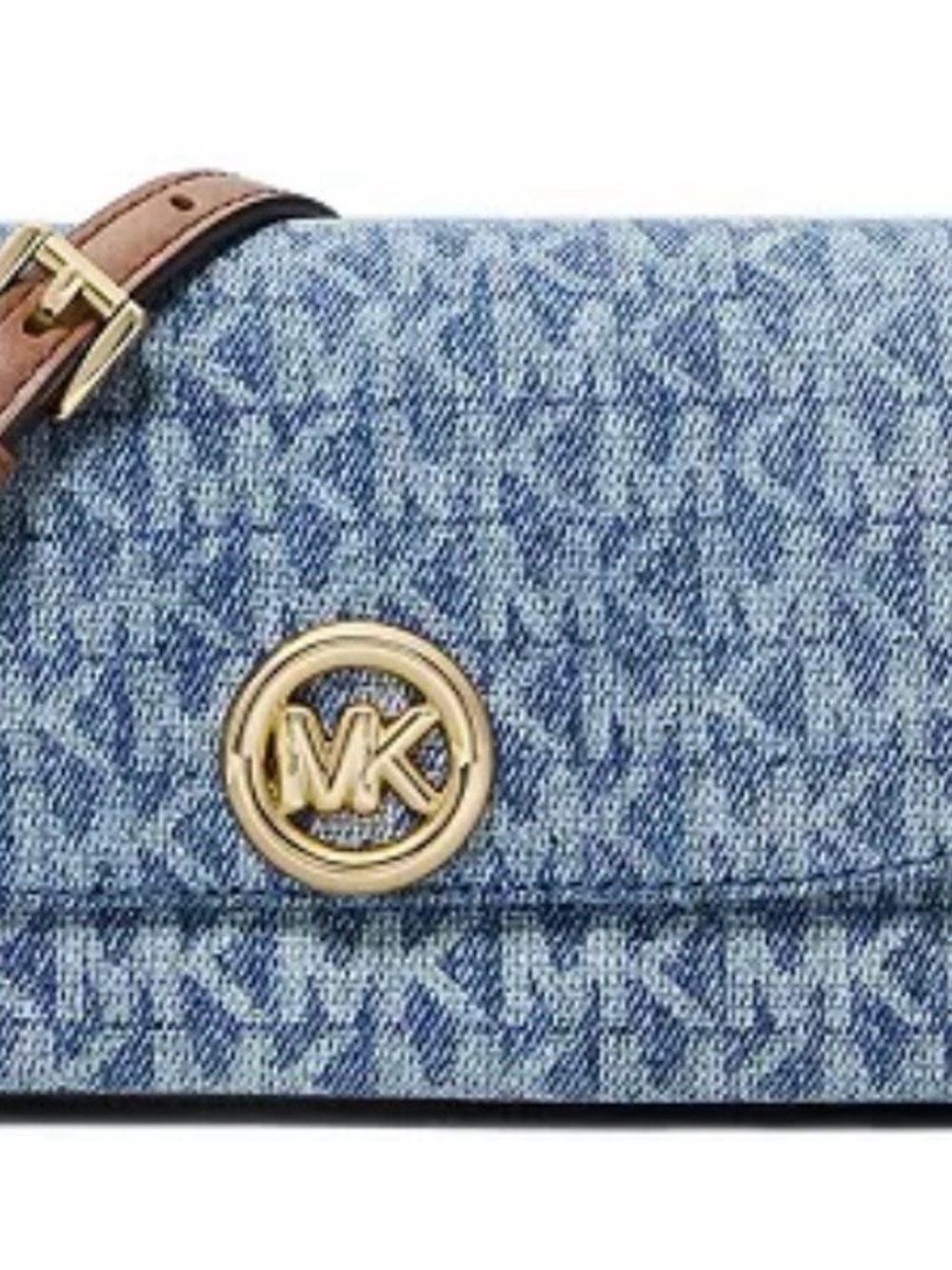Michael Kors small Nolita logo Denim MK Logo Crossbody with Brown Leather Strap - Picture 3 of 4